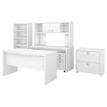 Bush Business Furniture Office by kathy ireland&#174; Echo 60&quot;W Bow Front Desk And Credenza With Hutch, Bookcase And File Cabinets, Pure White