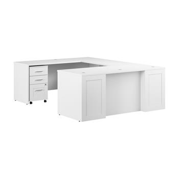Bush Business Furniture Hampton Heights 72&quot;W x 30&quot;D U Station with 3 Drawer File Cabinet, White