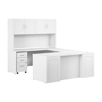 Bush Business Furniture Hampton Heights 72&quot;W x 30&quot;D U Station with Hutch and 3 Drawer File Cabinet, White