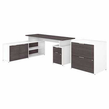 Bush Business Furniture Jamestown 72&quot;W L-Shaped Desk with Drawers and Lateral File Cabinet, White and Storm Gray