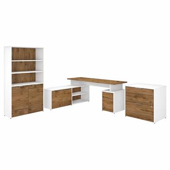 Bush Business Furniture Jamestown 72&quot;W L Shaped Desk with Lateral File Cabinet and 5 Shelf Bookcase, White/Fresh Walnut