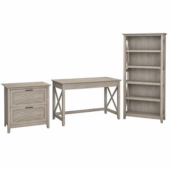 Bush Business Furniture Key West 48&quot;W Writing Desk with 2-Drawer Lateral File Cabinet and 5-Shelf Bookcase, Washed Gray