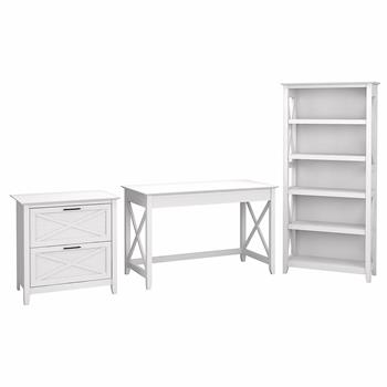 Bush Business Furniture Key West 48&quot;W Writing Desk with 2-Drawer Lateral File Cabinet and 5-Shelf Bookcase, Pure White Oak
