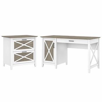Bush Business Furniture Key West 54&quot;W Computer Desk with Storage and 2-Drawer Lateral File Cabinet, Pure White and Shiplap Gray