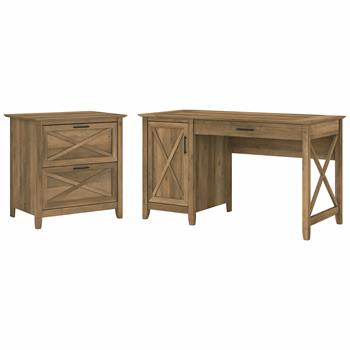Bush Business Furniture Key West 54&quot;W Computer Desk with Storage and 2-Drawer Lateral File Cabinet, Reclaimed Pine