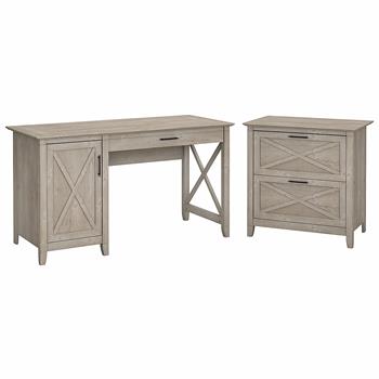 Bush Business Furniture Key West 54&quot;W Computer Desk with Storage and 2-Drawer Lateral File Cabinet, Washed Gray