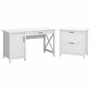 Bush Business Furniture Key West 54&quot;W Computer Desk with Storage and 2-Drawer Lateral File Cabinet, Pure White Oak