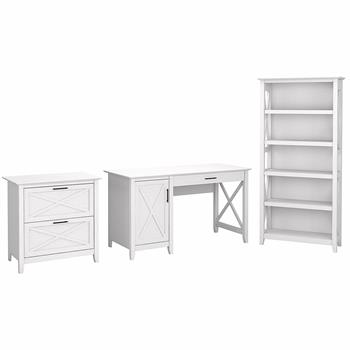 Bush Business Furniture Key West 54&quot;W Computer Desk with 2-Drawer Lateral File Cabinet and 5-Shelf Bookcase, Pure White Oak