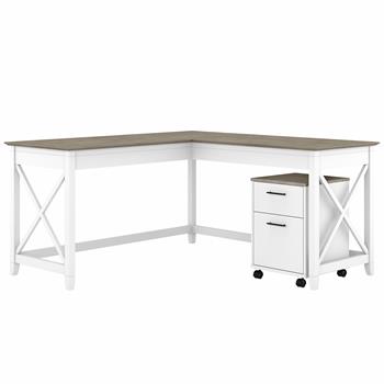 Bush Business Furniture Key West 60&quot;W L-Shaped Desk with 2 Drawer Mobile File Cabinet, Pure White/Shiplap Gray