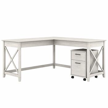 Bush Business Furniture Key West 60&quot;W L-Shaped Desk with 2-Drawer Mobile File Cabinet, Linen White Oak