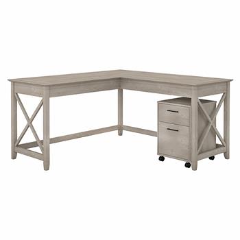 Bush Business Furniture Key West 60&quot;W L-Shaped Desk with 2-Drawer Mobile File Cabinet, Washed Gray