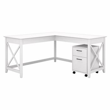 Bush Business Furniture Key West 60&quot;W L-Shaped Desk with 2-Drawer Mobile File Cabinet, Pure White Oak