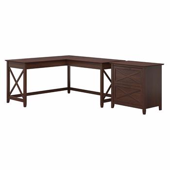 Bush Business Furniture Key West 60&quot;W L-Shaped Desk with 2-Drawer Lateral File Cabinet, Bing Cherry