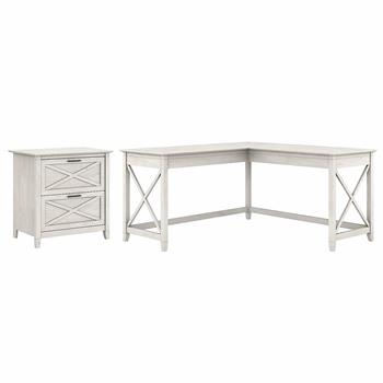 Bush Business Furniture Key West 60&quot;W L-Shaped Desk with 2-Drawer Lateral File Cabinet, Linen White Oak