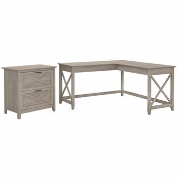 Bush Business Furniture Key West 60&quot;W L-Shaped Desk with 2-Drawer Lateral File Cabinet, Washed Gray