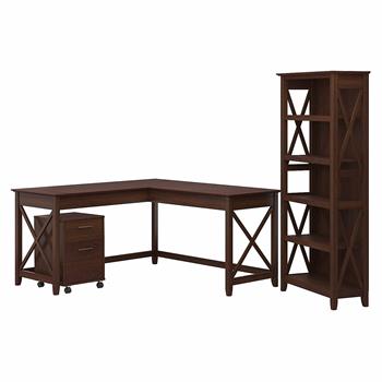 Bush Business Furniture Key West 60&quot;W L-Shaped Desk with 2-Drawer Mobile File Cabinet and 5-Shelf Bookcase, Bing Cherry