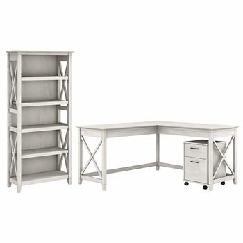 Bush Business Furniture Key West 60&quot;W L-Shaped Desk with 2-Drawer Mobile File Cabinet and 5-Shelf Bookcase, Linen White Oak