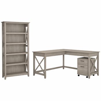 Bush Business Furniture Key West 60&quot;W L-Shaped Desk with 2 Drawer Mobile File Cabinet and 5 Shelf Bookcase, Washed Gray