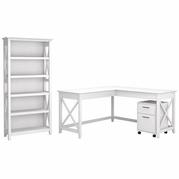 Bush Business Furniture Key West 60&quot;W L-Shaped Desk with 2-Drawer Mobile File Cabinet and 5-Shelf Bookcase, Pure White Oak