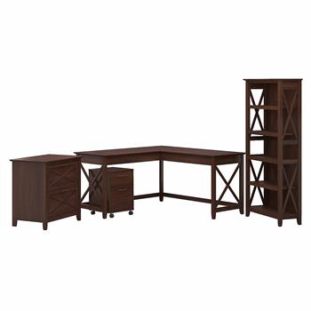 Bush Business Furniture Key West 60&quot;W L-Shaped Desk with File Cabinets and 5-Shelf Bookcase, Bing Cherry