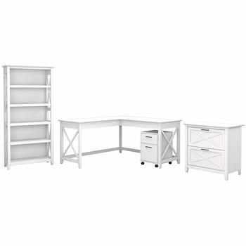Bush Business Furniture Key West 60&quot;W L-Shaped Desk with File Cabinets and 5-Shelf Bookcase, Pure White Oak