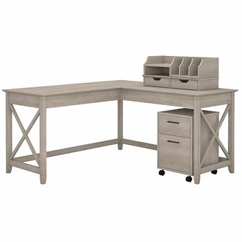 Bush Business Furniture Key West 60&quot;W L-Shaped Desk with Mobile File Cabinet and Desktop Organizers, Washed Gray