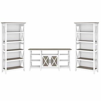 Bush Business Furniture Key West Tall TV Stand with Set of 2 Bookcases, 60 in L x 17.01 in W x 65.98 in H, Pure White/Shiplap Gray