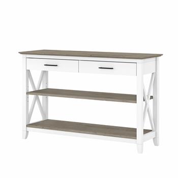 Bush Business Furniture Key West Console Table with Drawers and Shelves, 47.20 in L x 15.67 in W x 30 in H, Pure White/Shiplap Gray