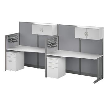Bush Business Furniture in an Hour 2 Person 129&quot;W x 32&quot;D Straight Cubicle Desks with Storage, Drawers, Organizers, White