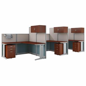 Bush Business Furniture Office In An Hour 3-Person L-Shaped Cubicle Workstations, Hansen Cherry