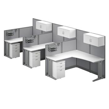 Bush Business Furniture in an Hour 3 Person 193&quot;W x 64&quot;D L-Shaped Cubicle Desks with Storage, Drawers, Organizers, White