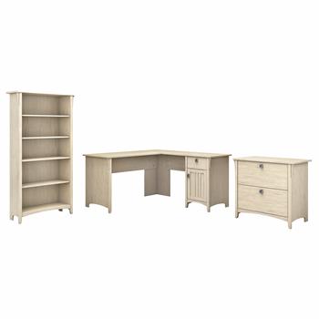 Bush Business Furniture Salinas 60&quot;W L-Shaped Desk with Lateral File Cabinet and 5-Shelf Bookcase, Antique White