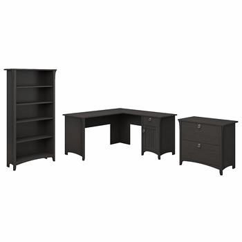 Bush Business Furniture Salinas 60&quot;W L-Shaped Desk with Lateral File Cabinet and 5-Shelf Bookcase, Vintage Black