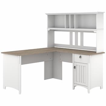 Bush Business Furniture Salinas 60&quot;W L-Shaped Desk with Hutch, Pure White and Shiplap Gray