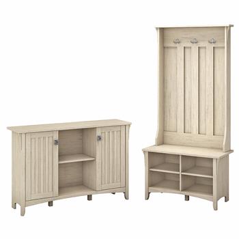 Bush Business Furniture Salinas Entryway Storage Set with Hall Tree, Shoe Bench and Accent Cabinet, Antique White
