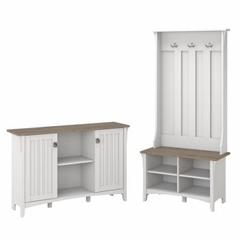 Bush Business Furniture Salinas Entryway Storage Set with Hall Tree, 46.22 in L x 15.75 in W x 68.11 in H, Shoe Bench, Accent Cabinet, Pure White/Shiplap Gray