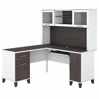 Bush Business Furniture Somerset 60&quot;W L-Shaped Desk with Hutch, White and Storm Gray
