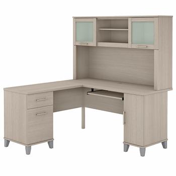 Bush Business Furniture Somerset 60&quot;W L-Shaped Desk with Hutch, Sand Oak
