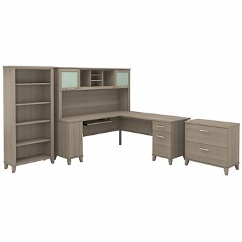 Bush Business Furniture Somerset 72&quot;W L-Shaped Desk with Hutch, Lateral File Cabinet and Bookcase, Ash Gray