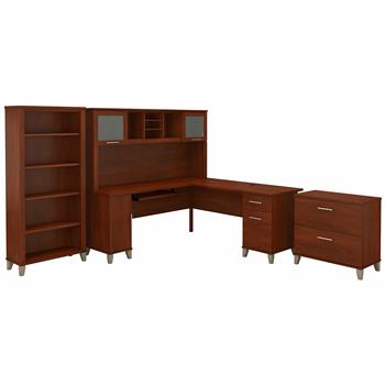 Bush Business Furniture Somerset 72&quot;W L-Shaped Desk with Hutch Lateral File Cabinet and Bookcase, Hansen Cherry