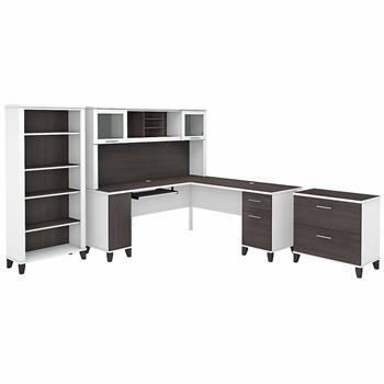 Bush Business Furniture Somerset 72&quot;W L-Shaped Desk with Hutch, Lateral File Cabinet and Bookcase, White and Storm Gray