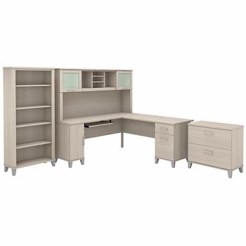 Bush Business Furniture Somerset 72&quot;W L-Shaped Desk with Hutch, Lateral File Cabinet and Bookcase, Sand Oak