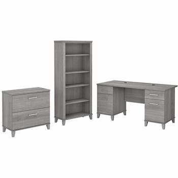 Bush Business Furniture Somerset 60&quot;W Office Desk with Lateral File Cabinet and 5 Shelf Bookcase, Platinum Gray