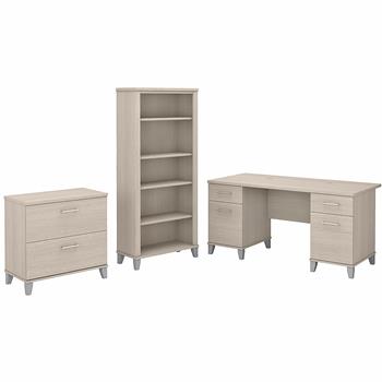 Bush Business Furniture Somerset 60&quot;W Office Desk with Lateral File Cabinet and 5-Shelf Bookcase, Sand Oak