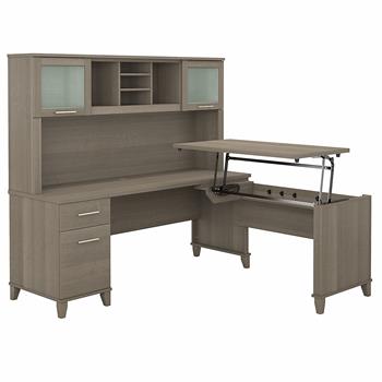 Bush Business Furniture Somerset 72&quot;W 3-Position Sit to Stand L-Shaped Desk with Hutch, Ash Gray
