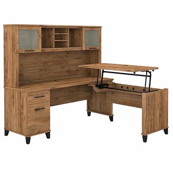 Bush Business Furniture Somerset 72&quot;W 3-Position Sit to Stand L-Shaped Desk with Hutch, Fresh Walnut
