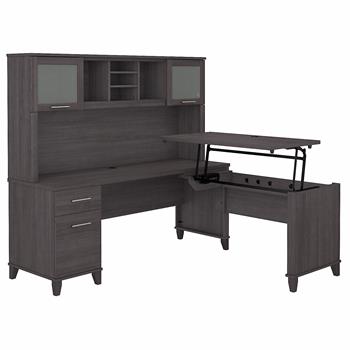 Bush Business Furniture Somerset 72&quot;W 3-Position Sit to Stand L-Shaped Desk with Hutch, Storm Gray