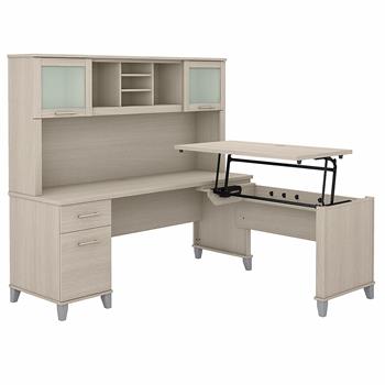 Bush Business Furniture Somerset 72&quot;W 3-Position Sit to Stand L-Shaped Desk with Hutch, Sand Oak