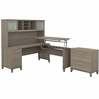 Bush Business Furniture Somerset 72&quot;W 3-Position Sit to Stand L-Shaped Desk with Hutch and File Cabinet, Ash Gray