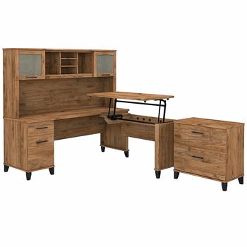 Bush Business Furniture Somerset 72&quot;W 3-Position Sit to Stand L-Shaped Desk with Hutch and File Cabinet, Fresh Walnut